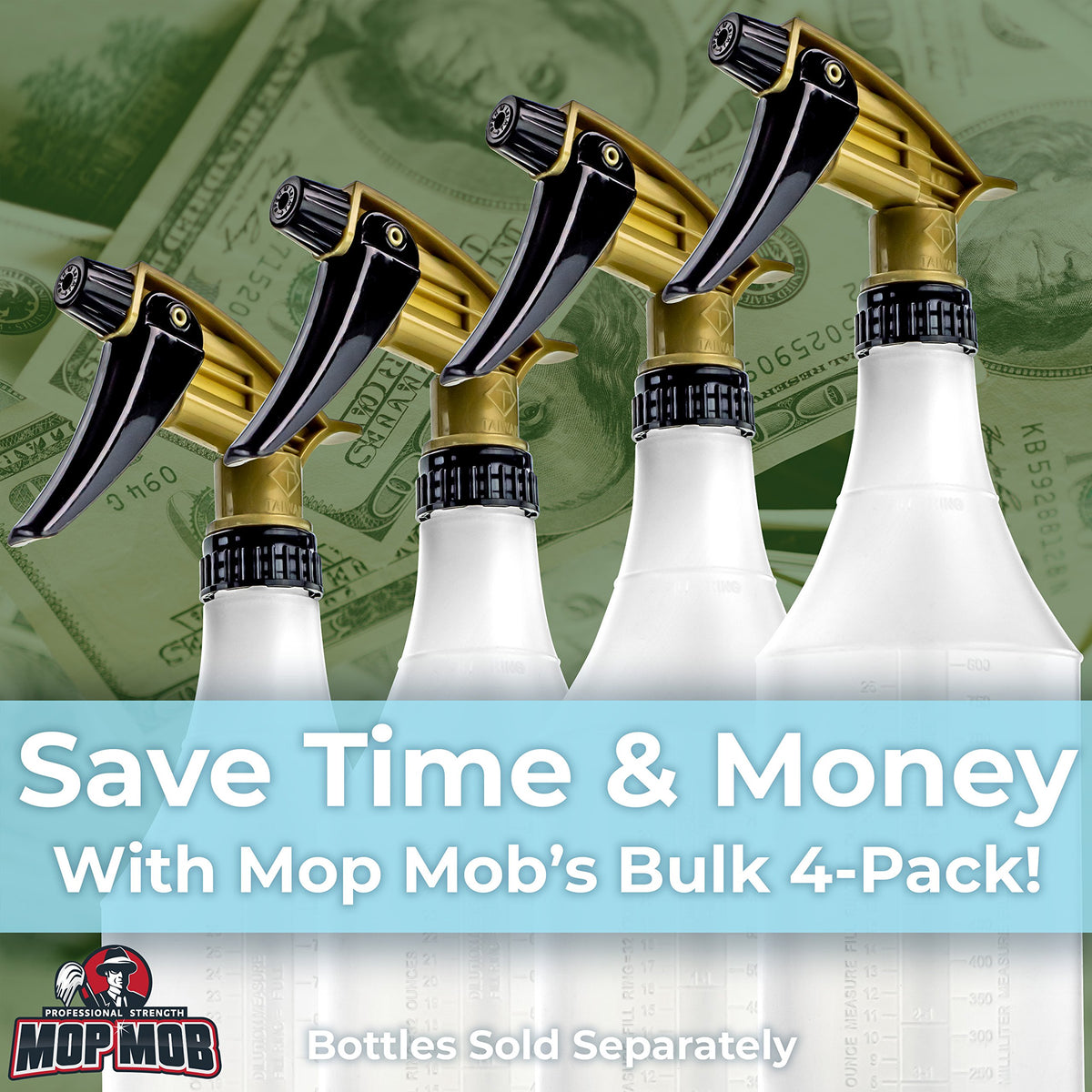 Mop Mob spray head next to quart bottle showing fit and scale benefit
