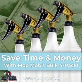 Mop Mob spray head next to quart bottle showing fit and scale benefit