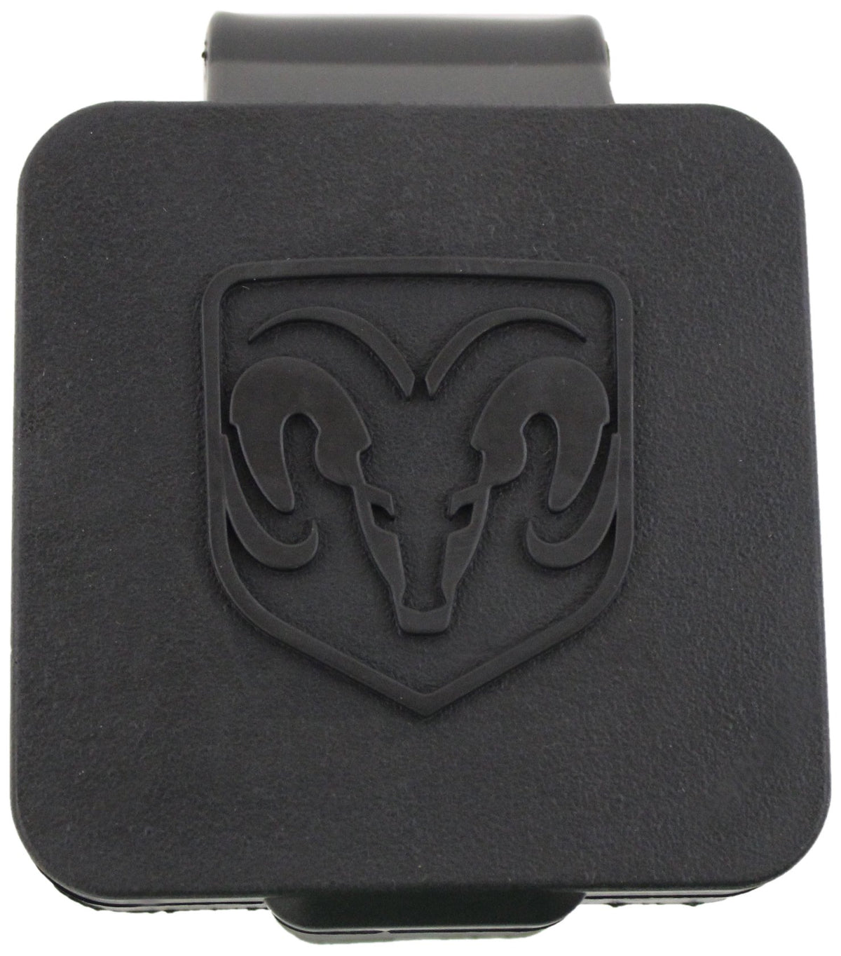 Mopar hitch plug front view showing RAM head logo and factory fit benefit