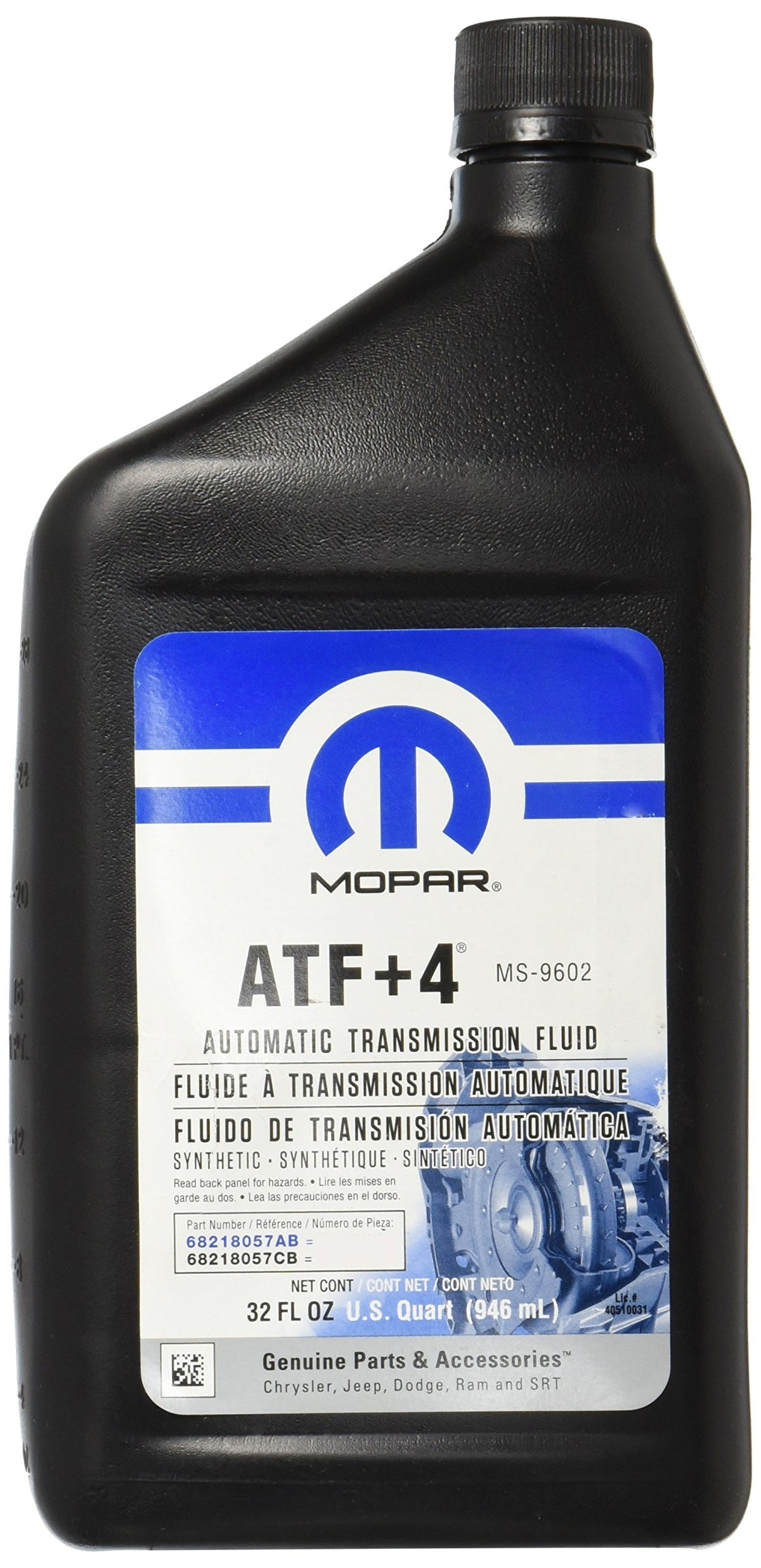 Mopar ATF-4 front bottle showing packaging and easy-pour spout for correct filling