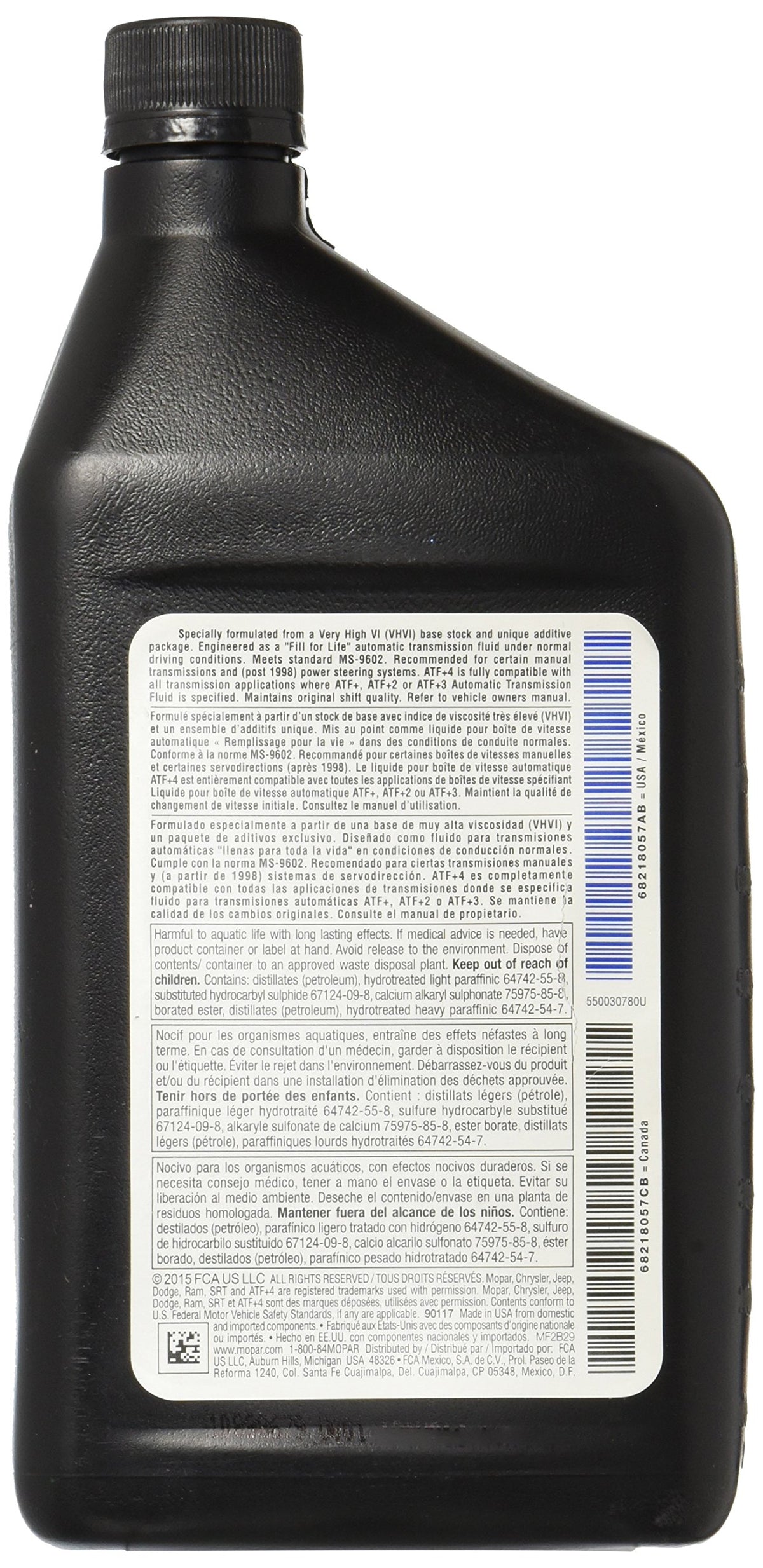 Mopar ATF-4 close-up of label and fluid pour demonstrating clear color and accurate dosing