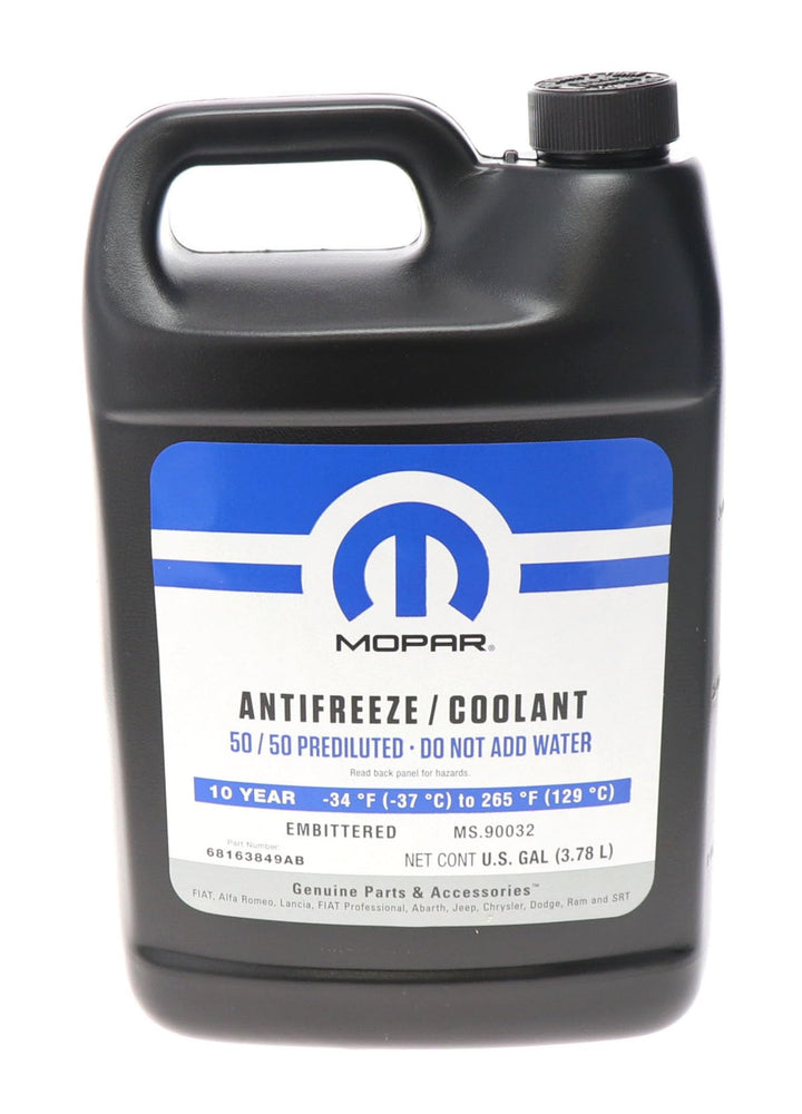 Mopar 1 gallon coolant front label showing part number and premixed benefit