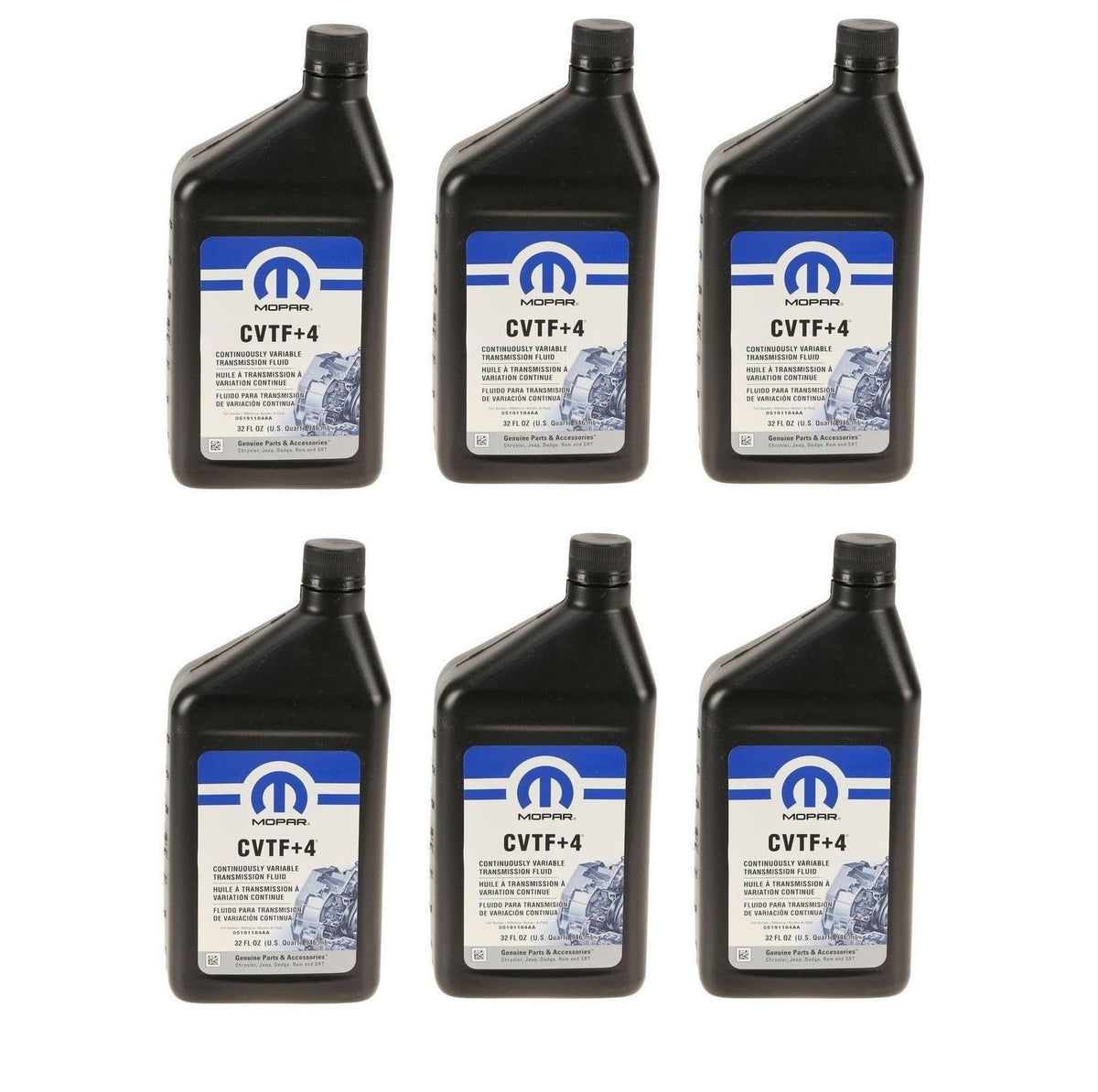 Mopar CVTF+4 six-quart case front view showing label and OEM branding for correct fluid
