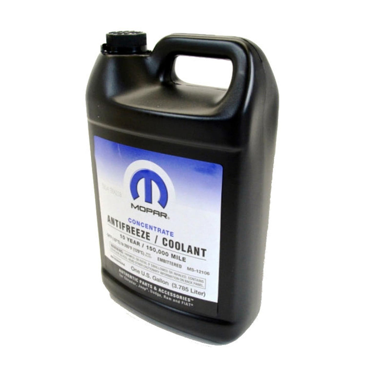 Mopar one-gallon concentrate bottle front view, clear label for correct OEM selection