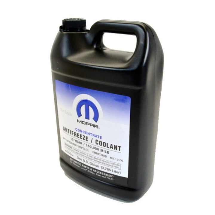 Mopar one-gallon concentrate bottle front view, clear label for correct OEM selection