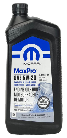 Mopar MaxPro 5W‑20 pour spout closeup illustrating easy pouring and no-drip control