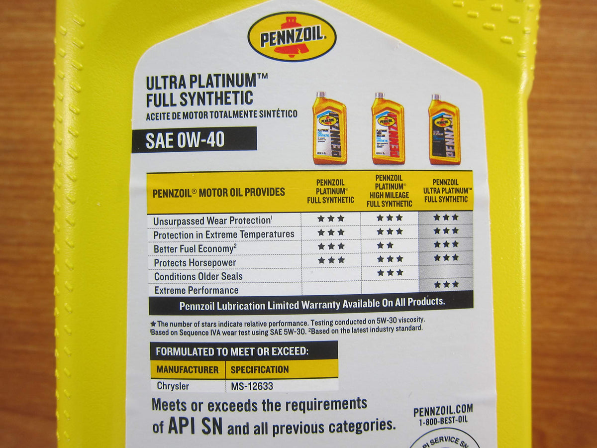 Mopar Penzoil Ultra Platinum label detail showing viscosity 0W-40 and product specifications