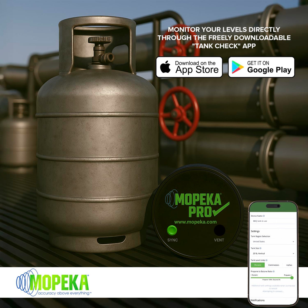 Mopeka Pro Check app screen on smartphone showing live tank levels and alerts benefit