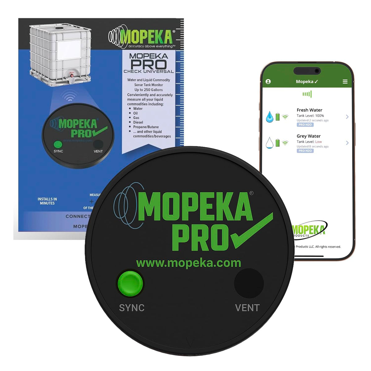 Mopeka Pro Check front view showing sensor face and branding for easy identification