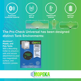 Mopeka Pro Check mounted under a propane tank showing field installation convenience