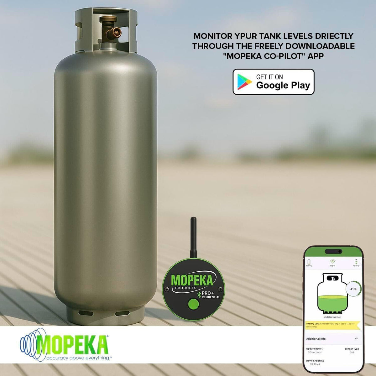 Mopeka open battery compartment showing replaceable batteries for long life benefit