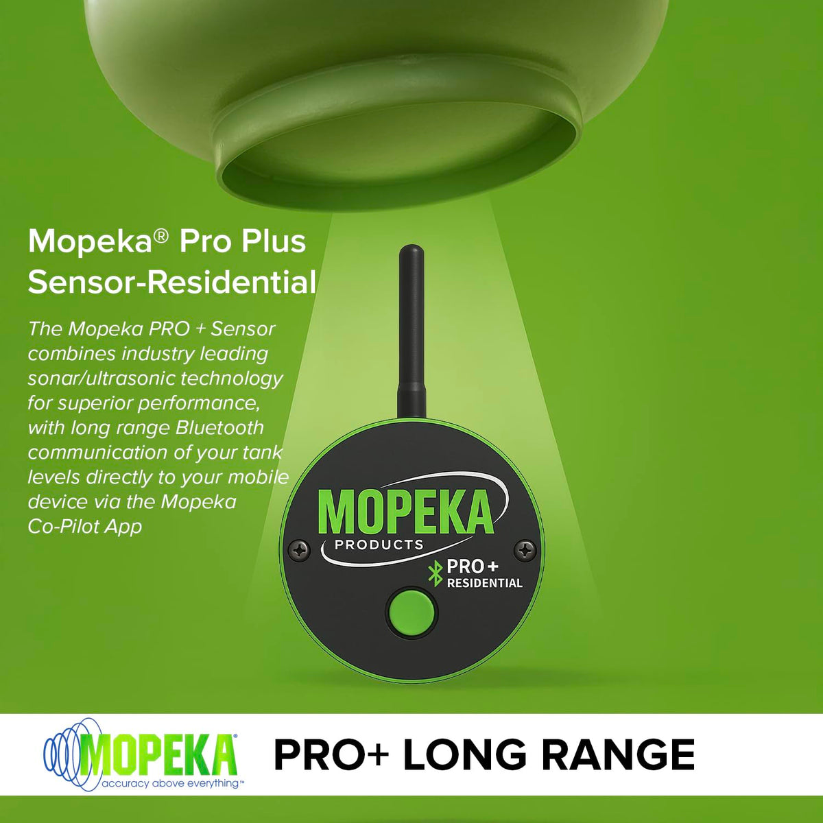 Mopeka close-up of ultrasonic sensor face highlighting precision measurement benefit