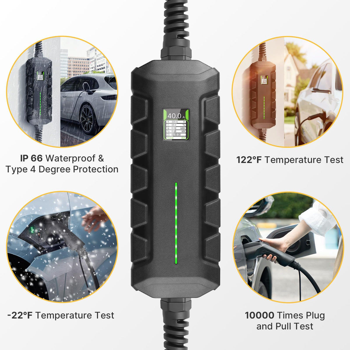 Morec charging an EV in driveway showing weatherproof use and fast charging benefit