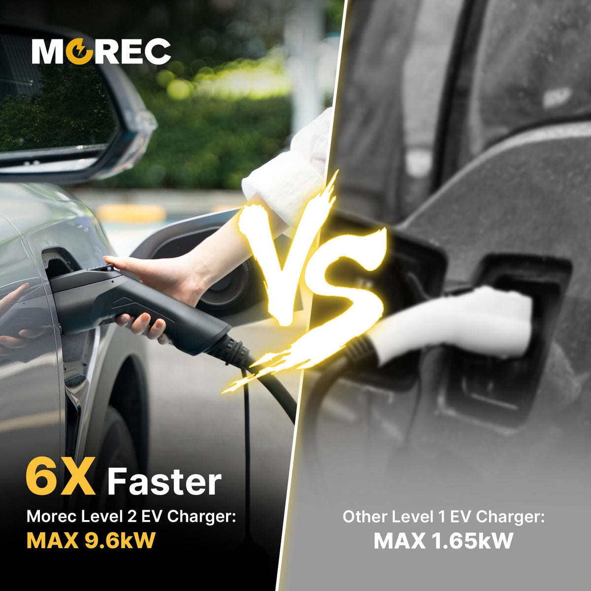 Morec SAE J1772 connector close-up demonstrating secure fit and reliable charging