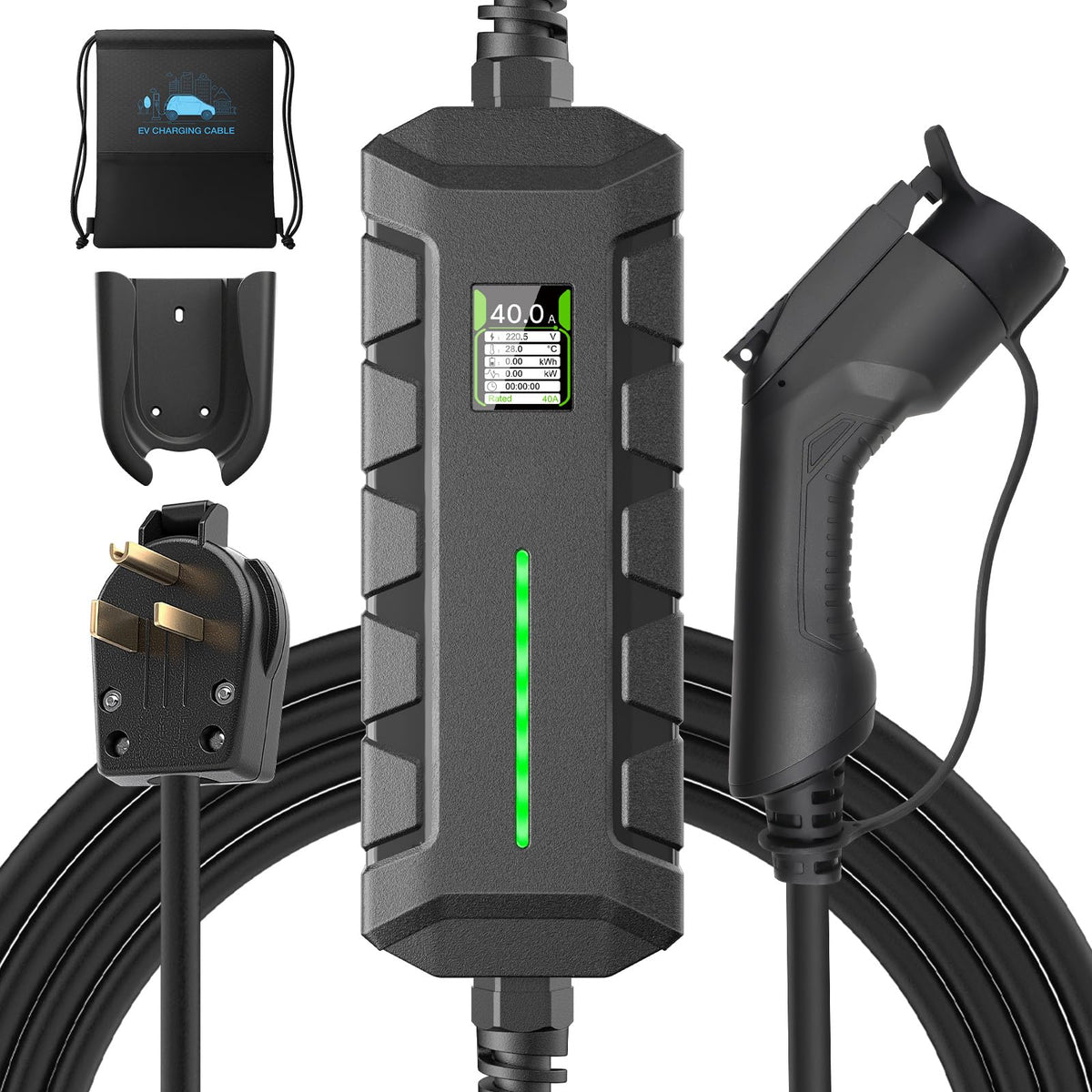 Morec front view of portable EV charger showing compact design and easy storage benefit