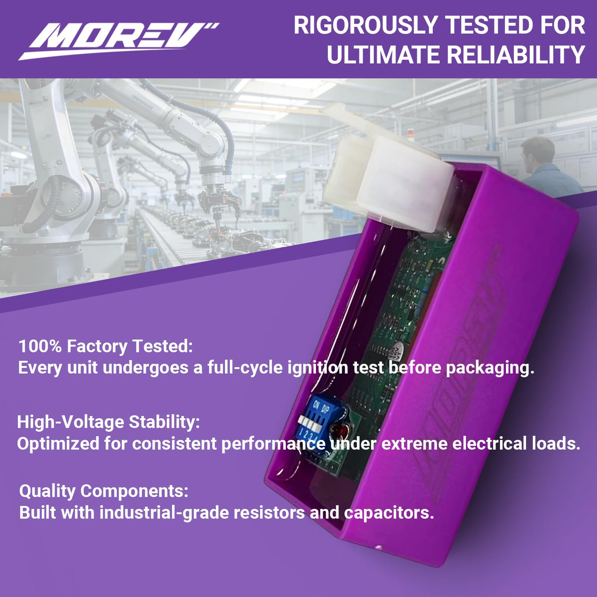 MOREV product label close-up showing model details and manufacturing information for identification