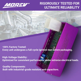 MOREV product label close-up showing model details and manufacturing information for identification
