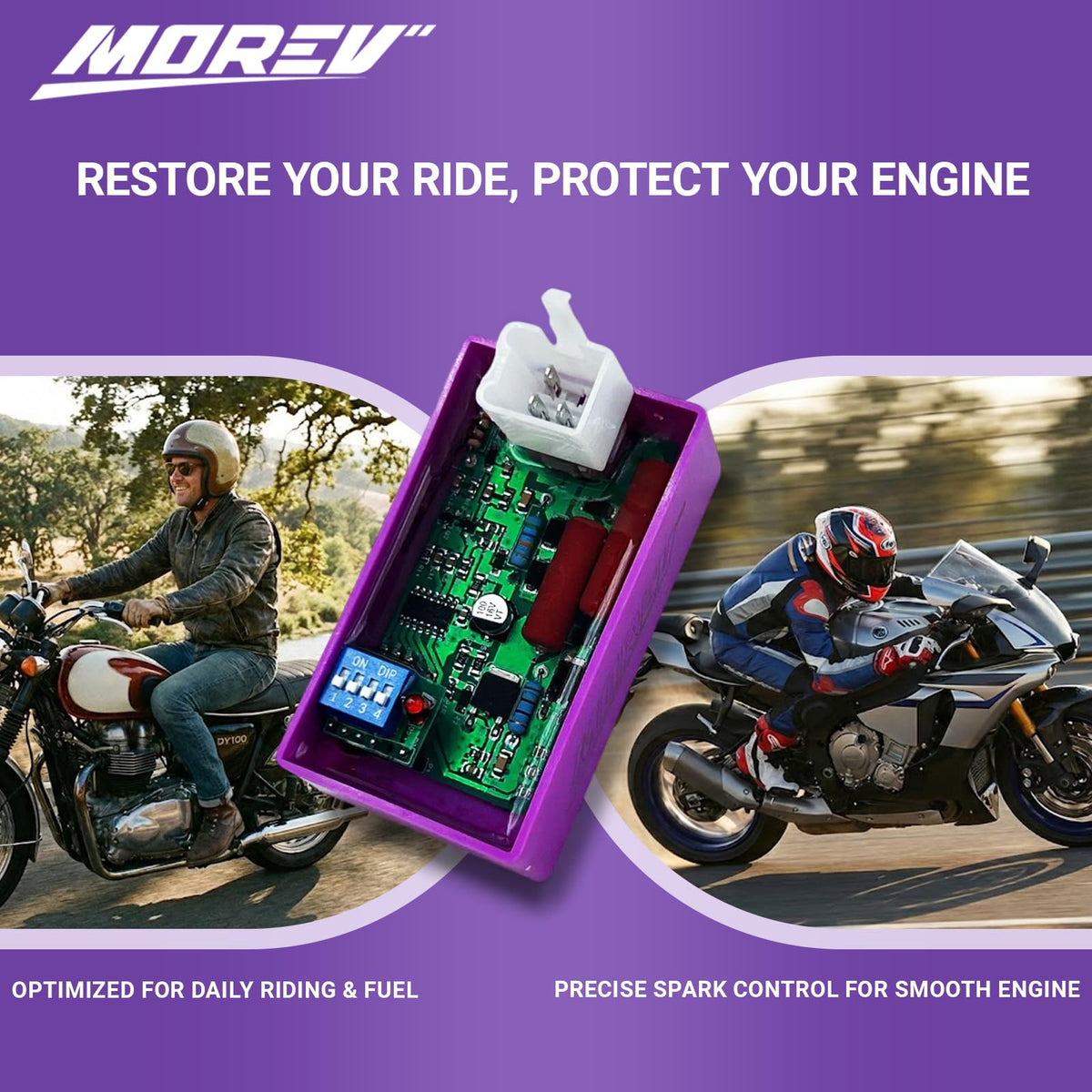 MOREV module installed in an ATV harness illustrating secure fit and reliable spark timing