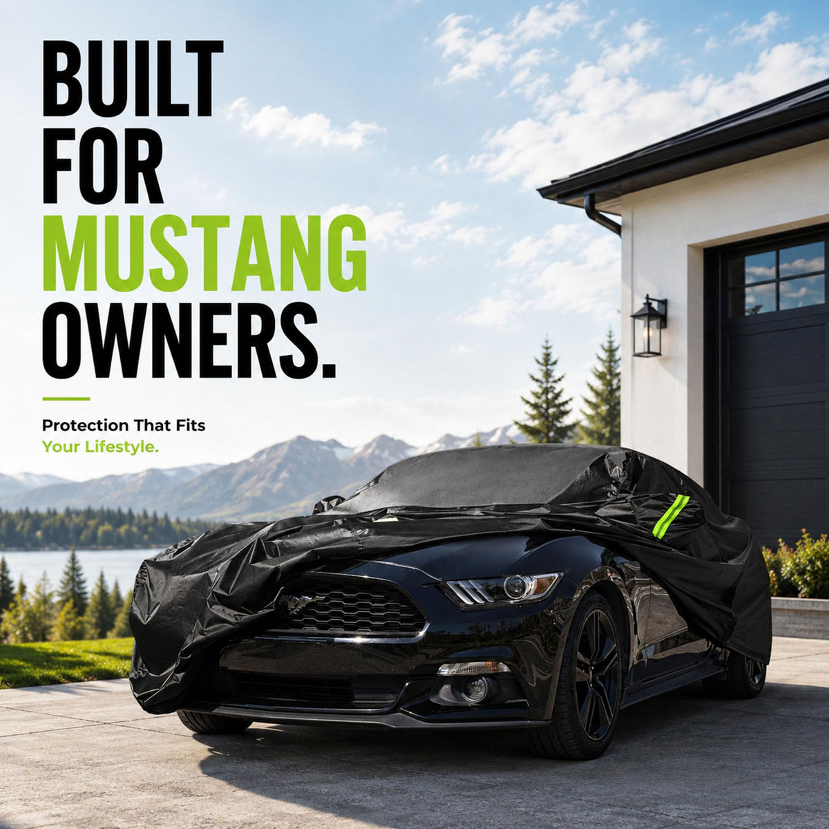 Morhept cover on Mustang in driveway lifestyle scene for everyday protection
