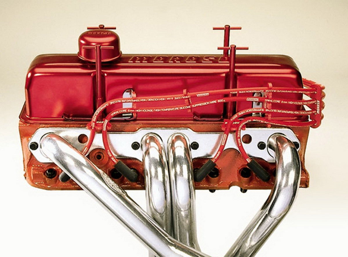 Close-up of Moroso 72174 chrome bracket and 2-hole loom demonstrating secure valve cover mounting