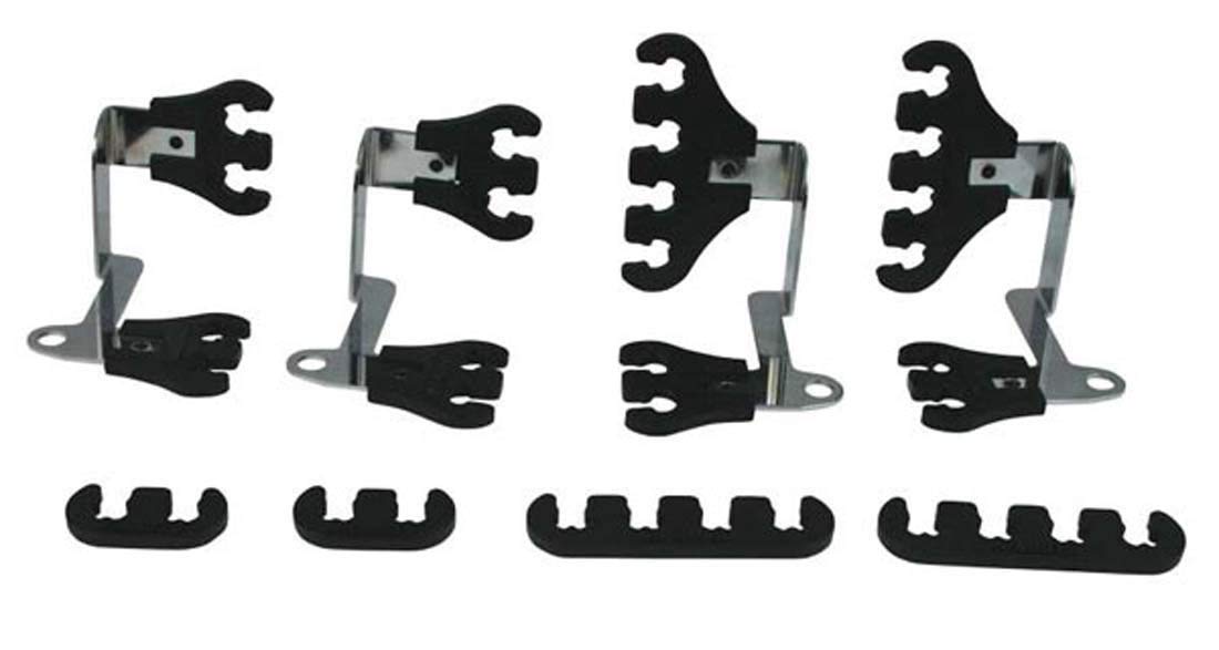 Moroso 72174 front view showing black looms and chrome-plated brackets for tidy wire routing