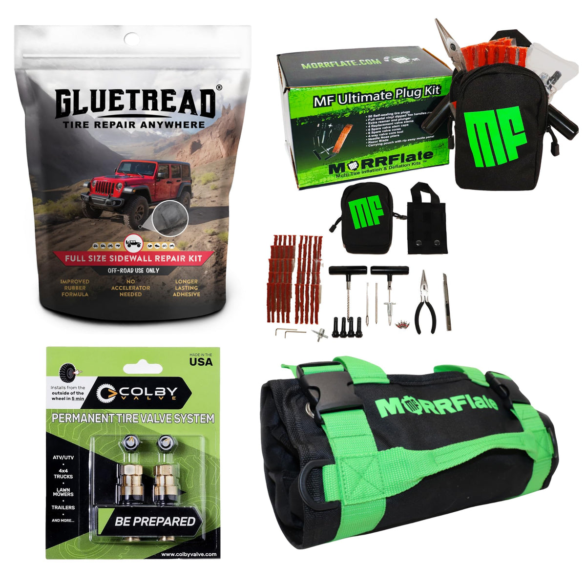 MORRFlate front view of complete 4x4 tire repair kit showing contents and benefit
