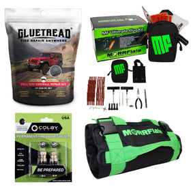 MORRFlate front view of complete 4x4 tire repair kit showing contents and benefit
