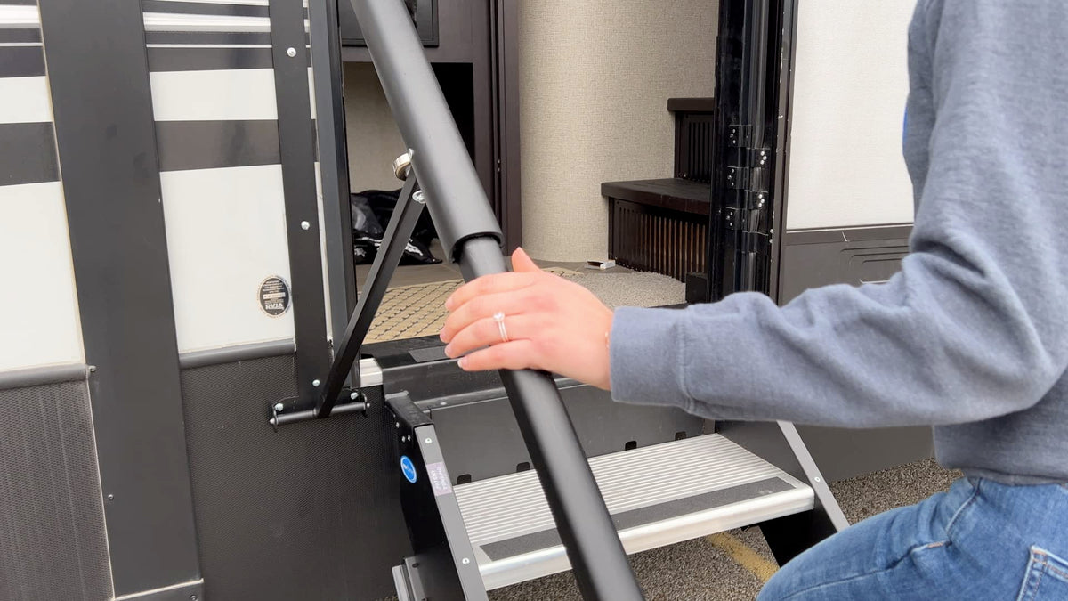MORryde Safe-T-Rail mounted on RV side demonstrating sturdy fit and easy access benefit