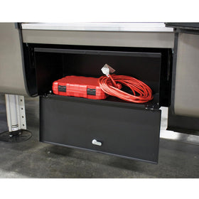 MORryde storage box installed under step demonstrating added organized storage