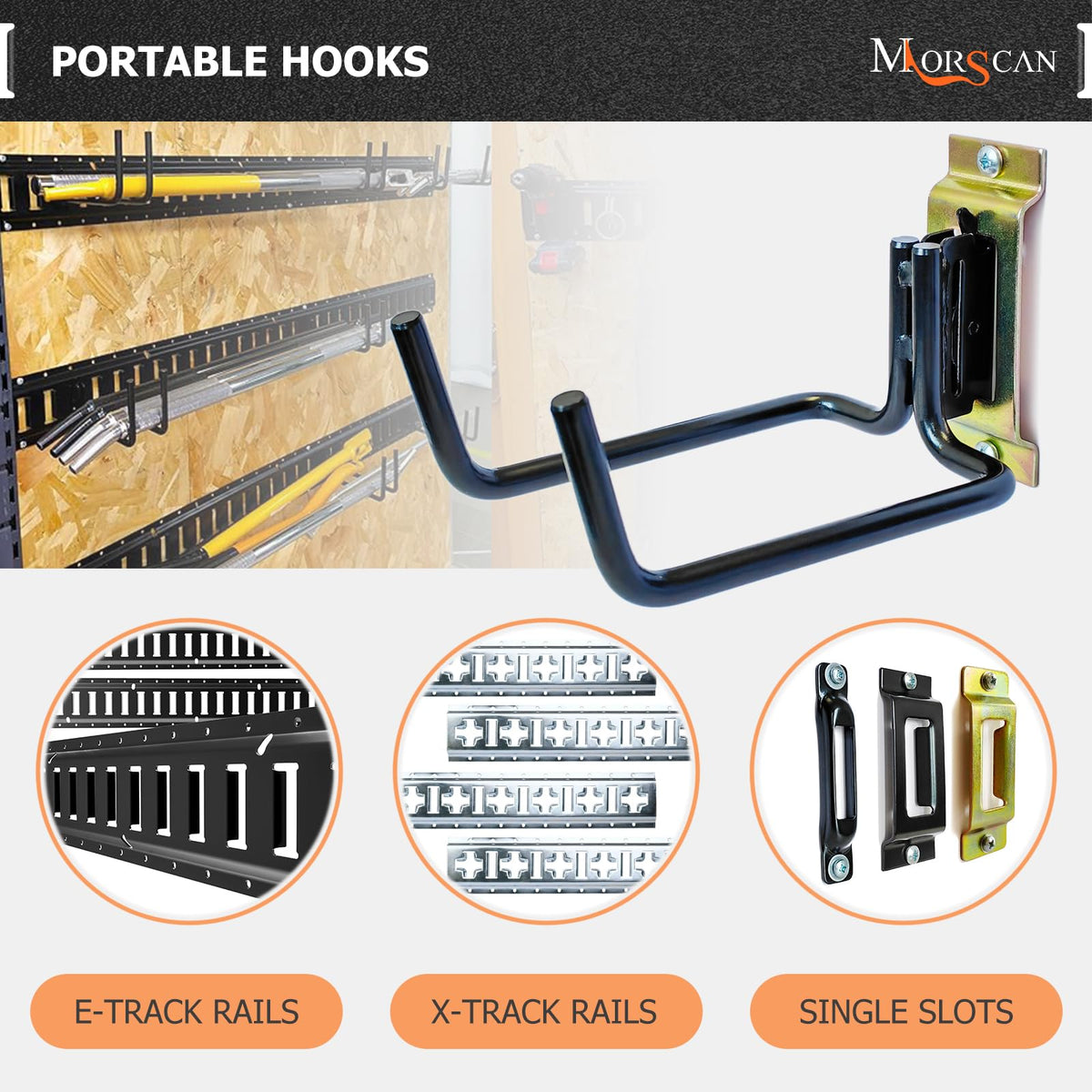 MorScan hooks supporting rakes and shovels showing organized storage benefit