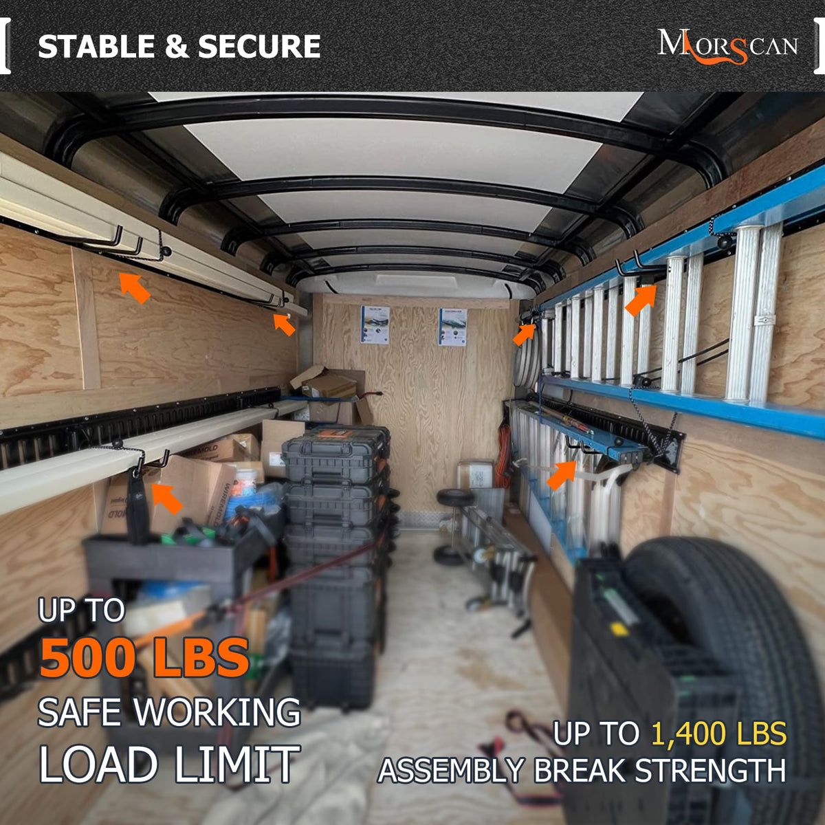 MorScan hooks mounted inside an enclosed trailer showing secure cargo saving space benefit