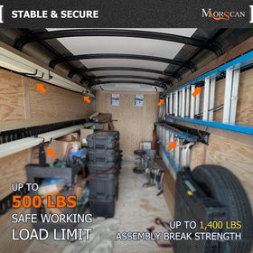 MorScan hooks mounted inside an enclosed trailer showing secure cargo saving space benefit