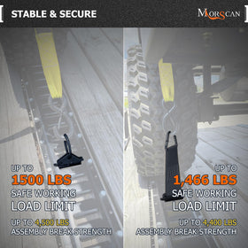 MorScan installed in E‑track rail with ring engaged, demonstrating firm cargo anchoring benefit