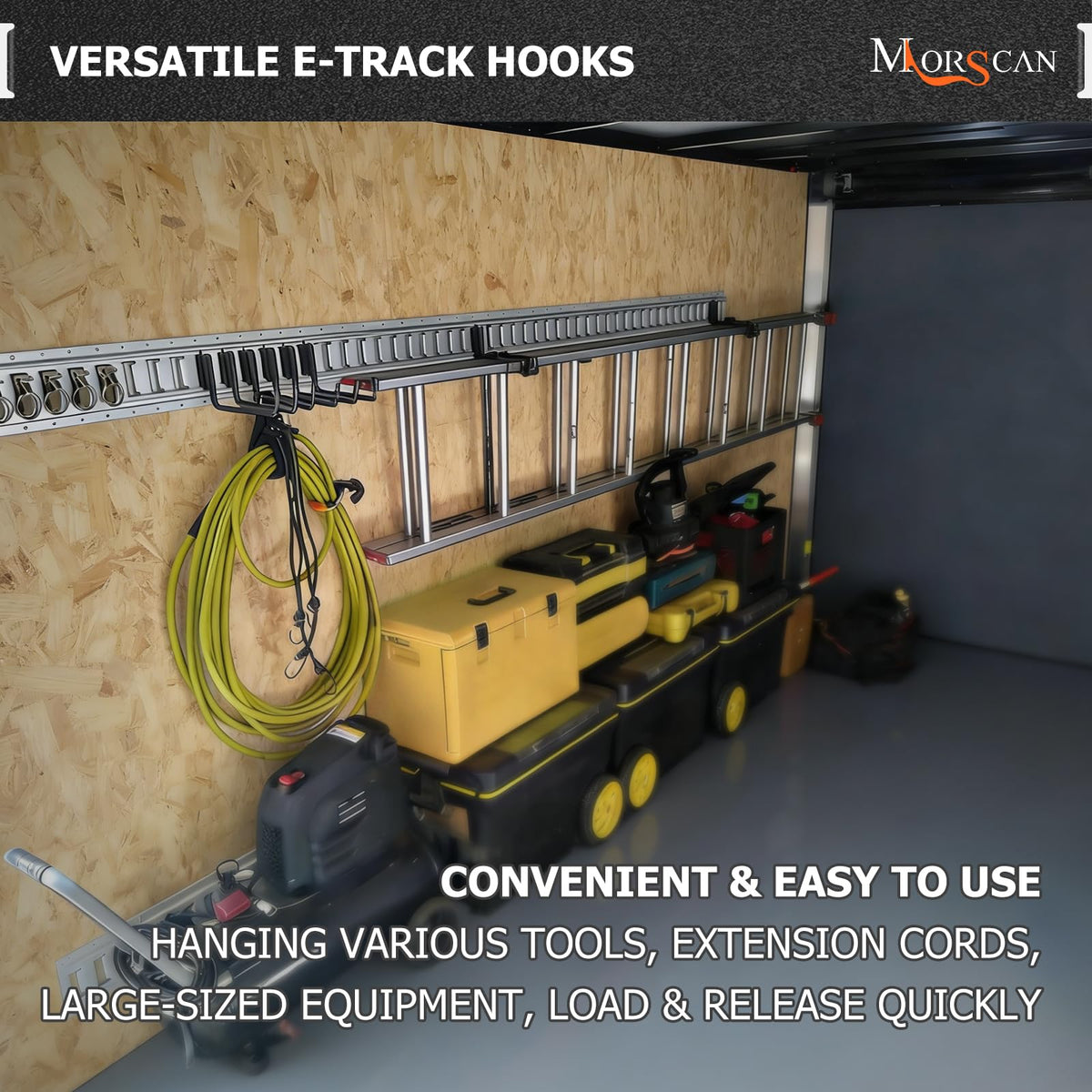 MorScan hooks installed in E-Track inside a cargo van, maximizes vertical space