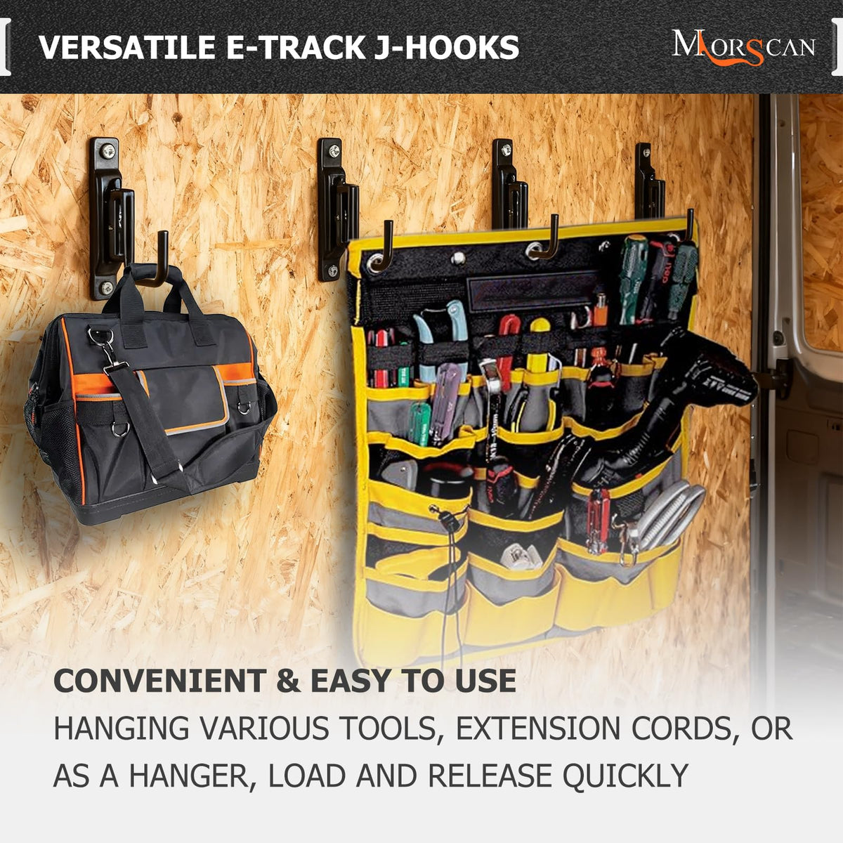 MorScan J-hook close-up demonstrating spring-loaded lever for quick secure attachment