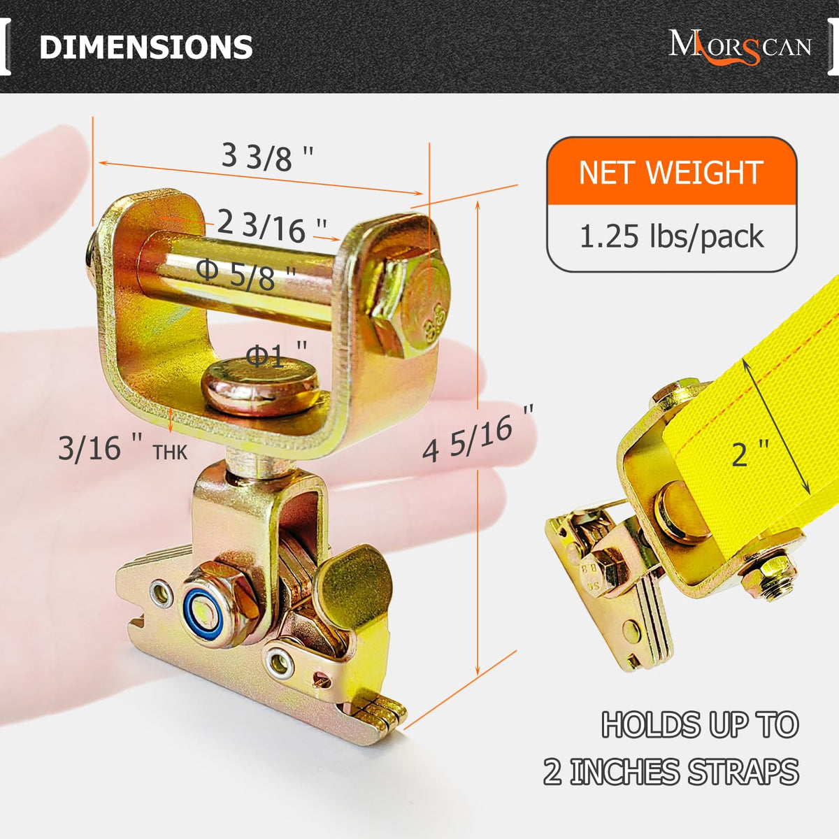 MorScan detailed swivel hook directing strap away from cargo for protection