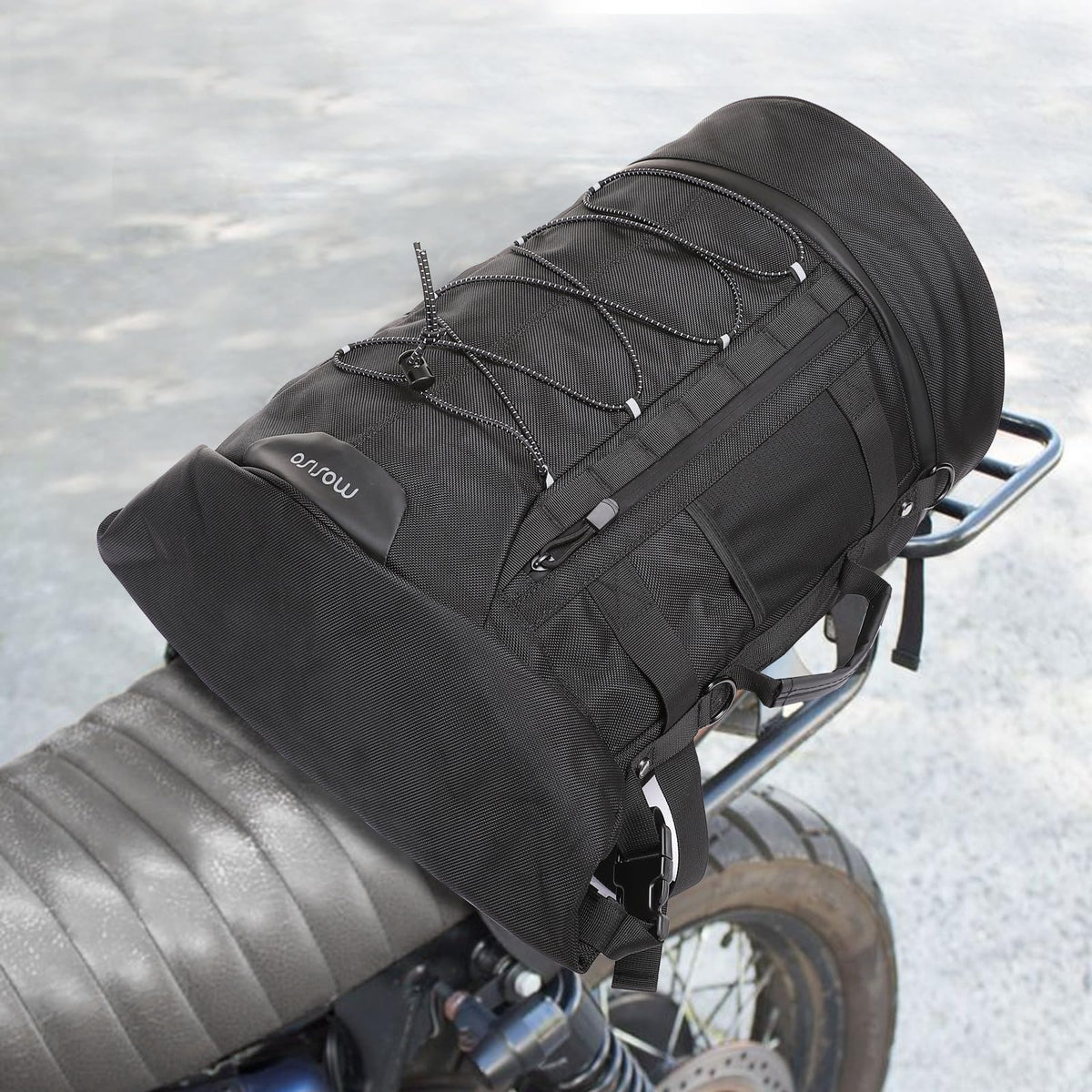 MOSISO bag next to helmet and boots showing accurate size and packing benefit