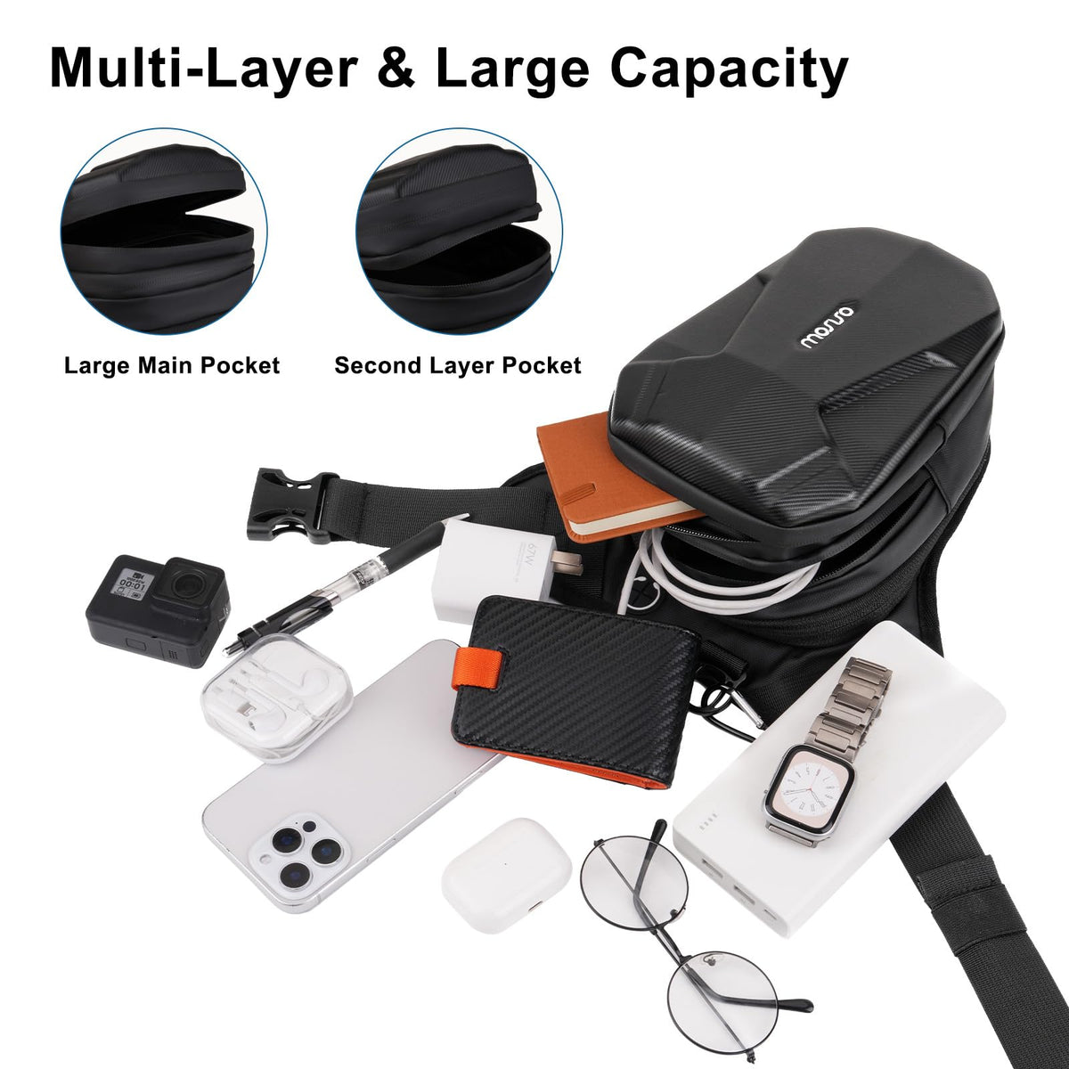 MOSISO side view with pouch expanded benefit: extra packing capacity when needed