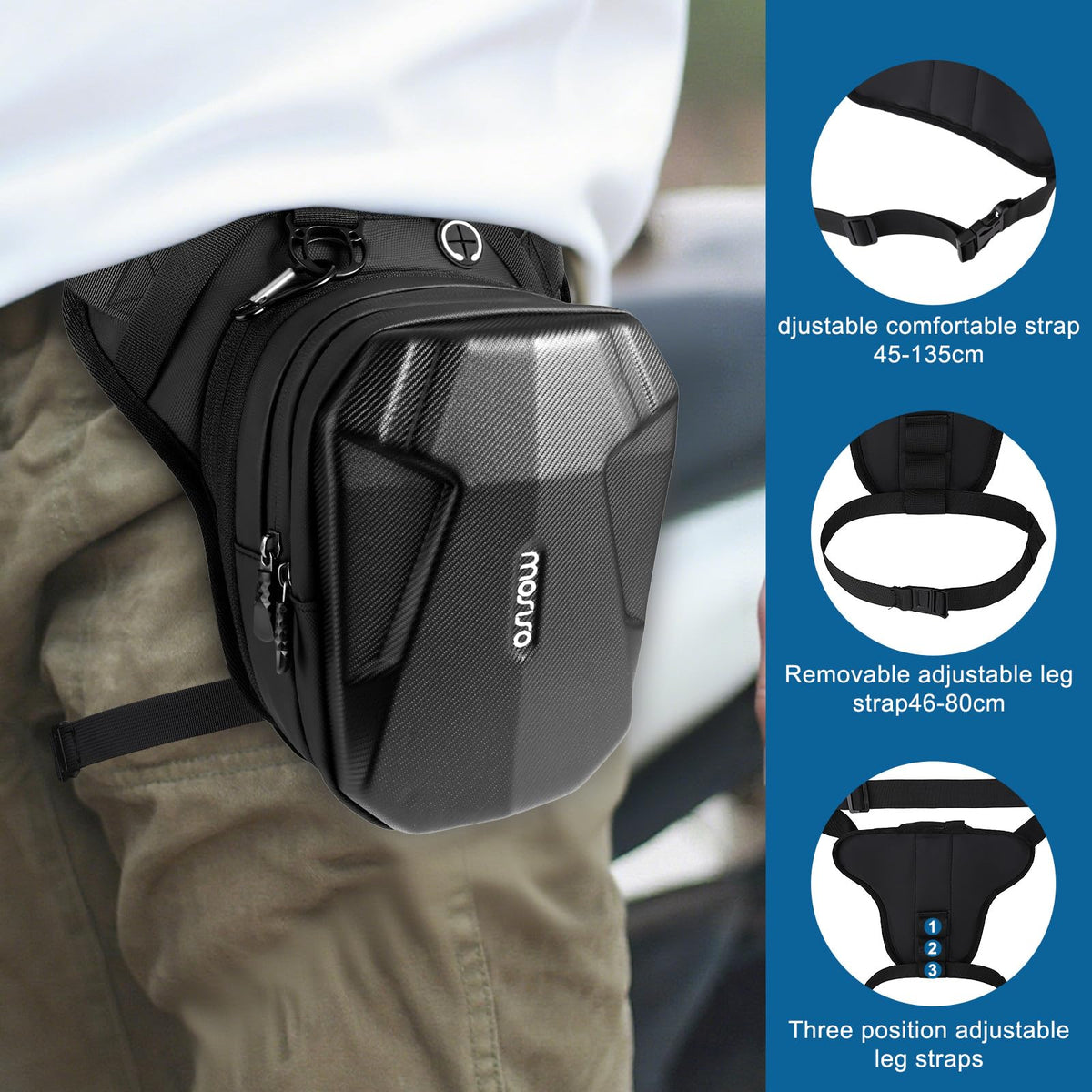 MOSISO worn on rider thigh in motion benefit: stable carry while cycling