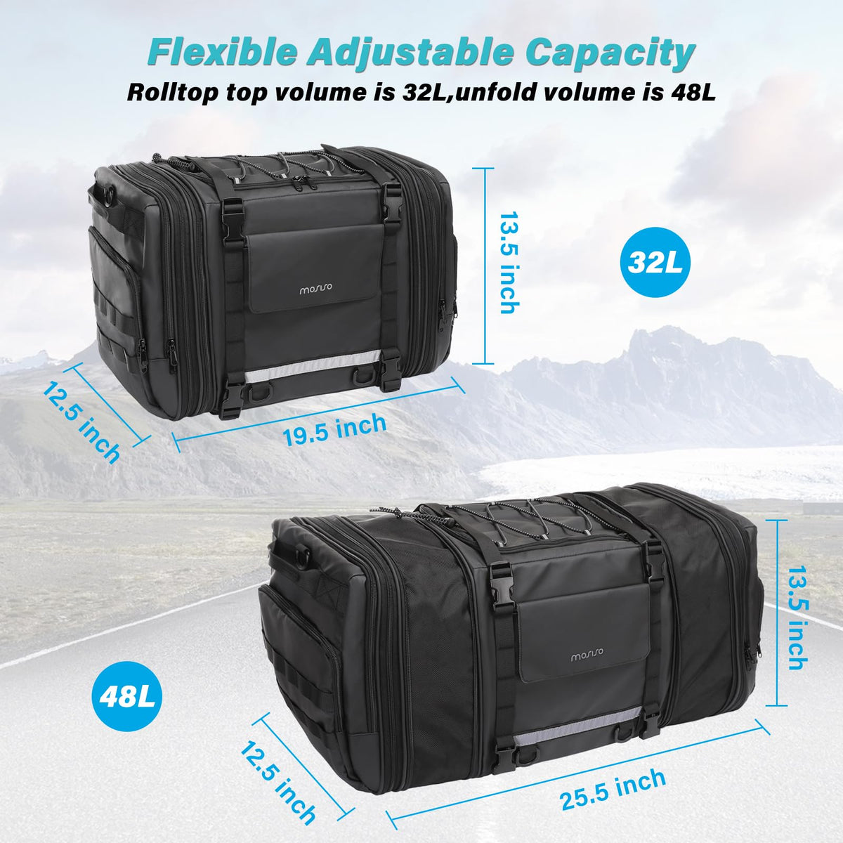 MOSISO side profile expanded to 48L demonstrating increased storage capacity