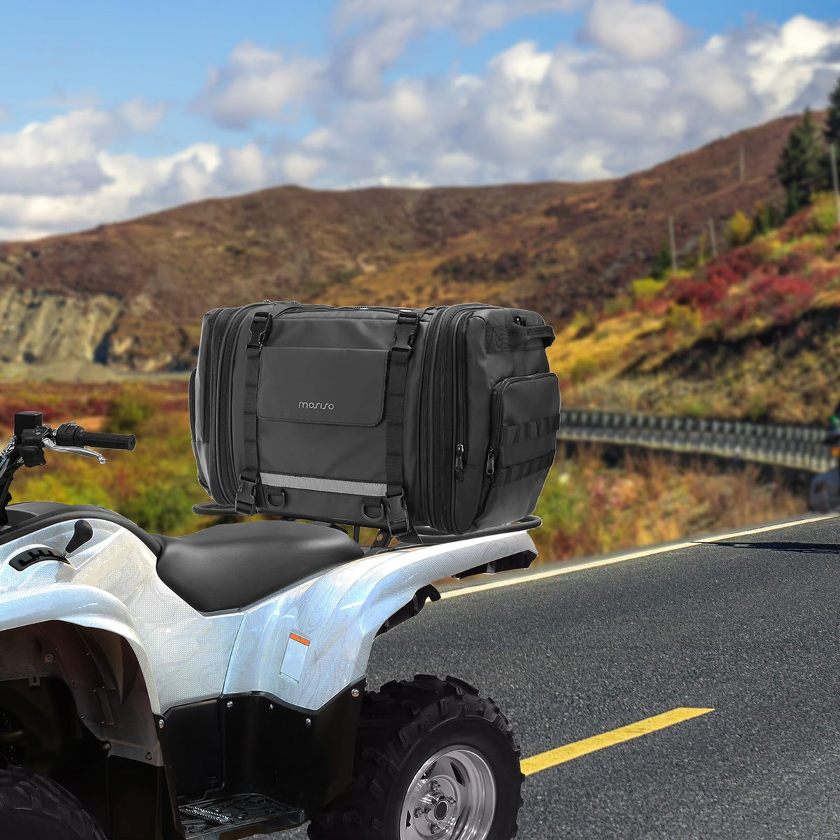 MOSISO mounted on motorcycle illustrating stable on-ride positioning