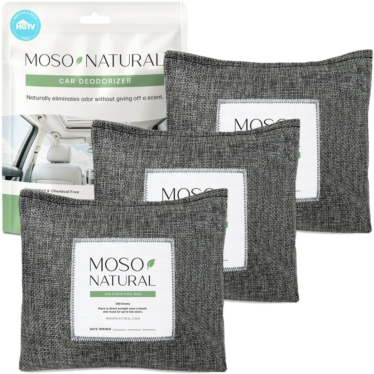 Moso Natural front packaging showing three linen charcoal bags for fresh air
