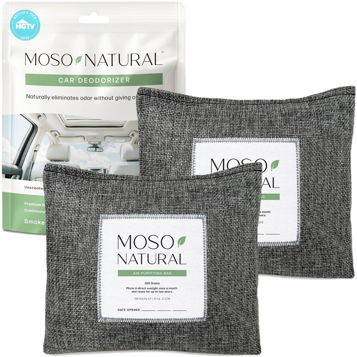 Moso Natural front packaging showing two linen charcoal bags for neutral-smelling cars and trucks