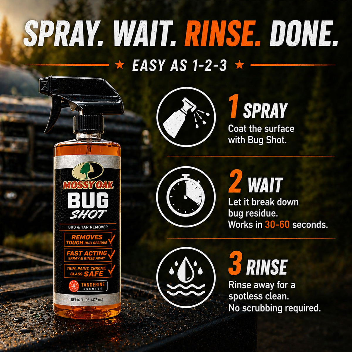 CLENZOIL Mossy Oak bottle in truck bed convenient for on-road and trail use