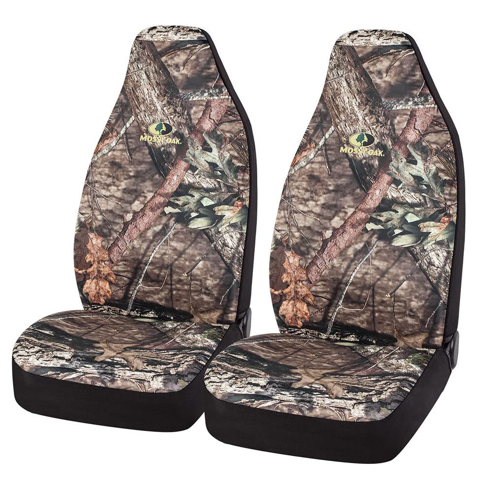 Mossy Oak front view of packaged high back seat covers showing design and fit benefit