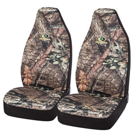 Mossy Oak front view of packaged high back seat covers showing design and fit benefit