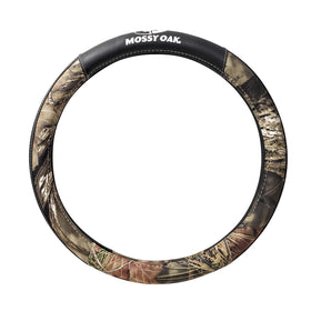 Mossy Oak front view of steering wheel cover showing camo design and durable PVC benefits