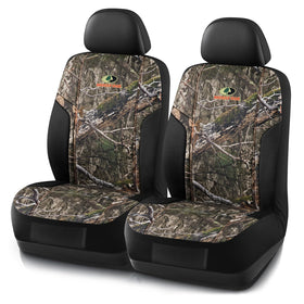 Mossy Oak full front seat cover showing camo pattern and fit benefit