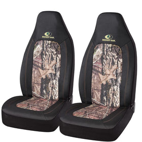 Mossy Oak front seat cover installed showing full camo protection and easy styling