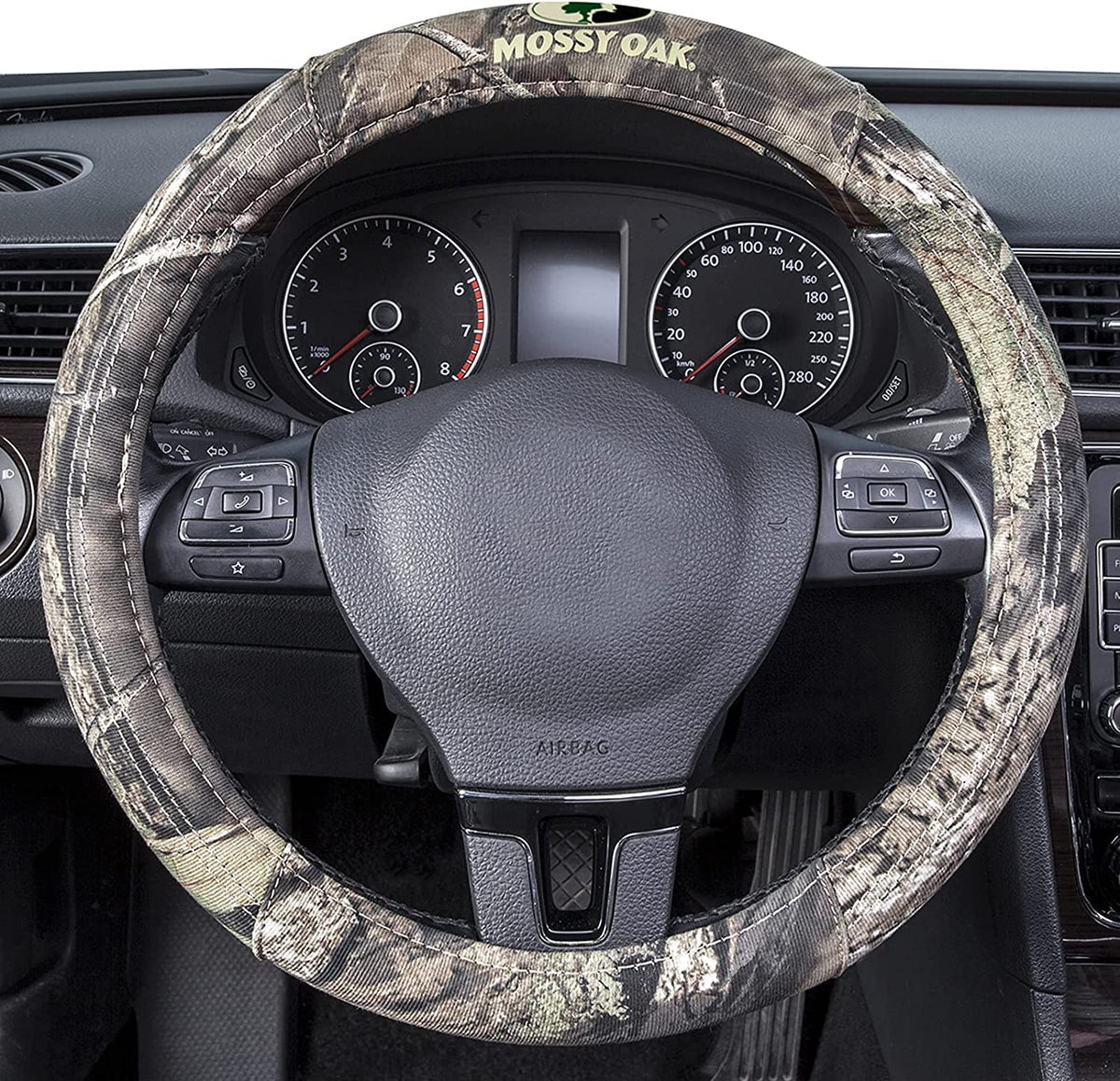 Mossy Oak front view of camo steering wheel cover showing full print and fit benefit
